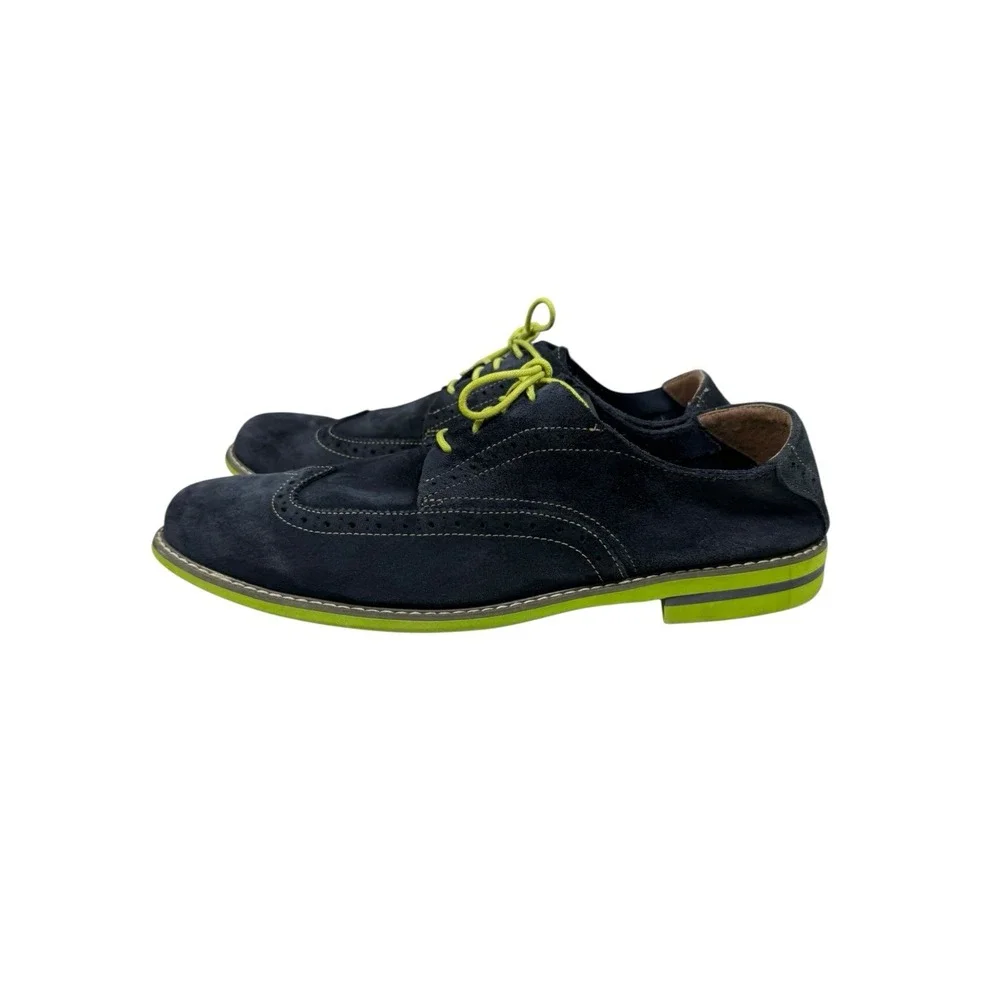 FLORSHEIM WINGTIP SHOES Blue Suede DERBY Chartreuse Sole Size 12M 14115-492‎